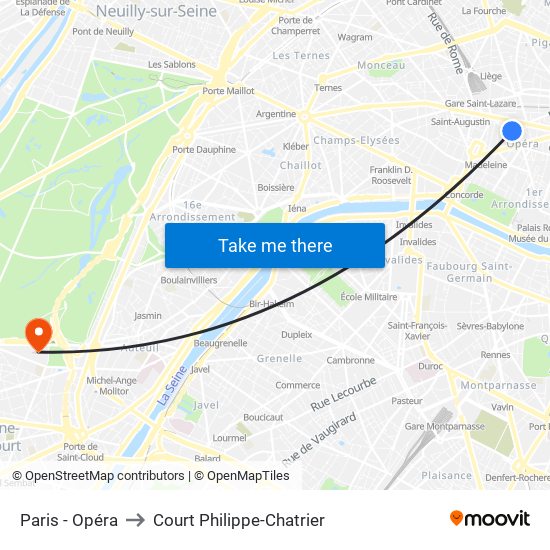 Paris - Opéra to Court Philippe-Chatrier map