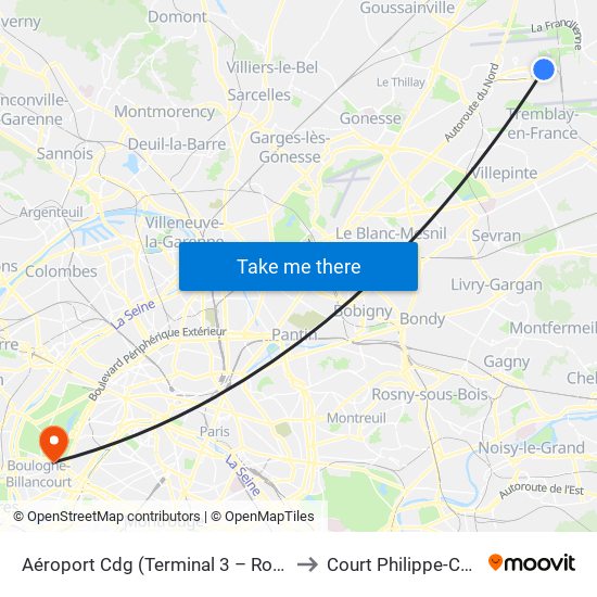 Aéroport Cdg (Terminal 3 – Roissypôle) to Court Philippe-Chatrier map