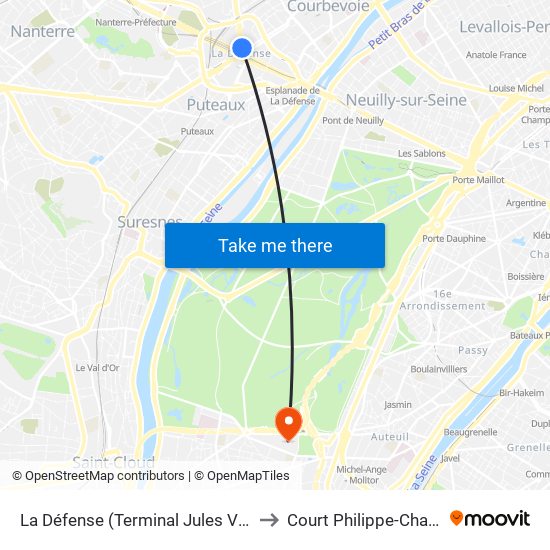 La Défense (Terminal Jules Verne) to Court Philippe-Chatrier map