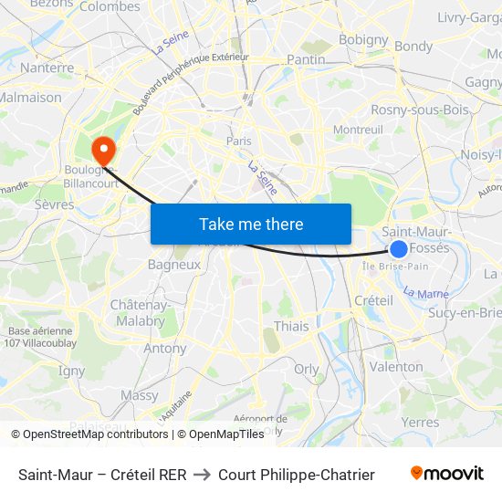 Saint-Maur – Créteil RER to Court Philippe-Chatrier map