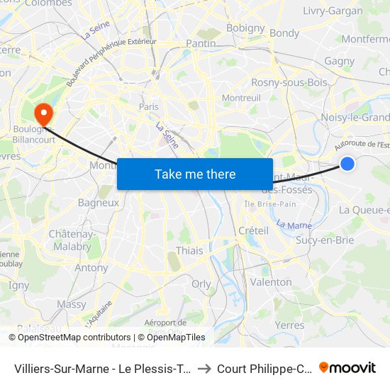 Villiers-Sur-Marne - Le Plessis-Trévise RER to Court Philippe-Chatrier map