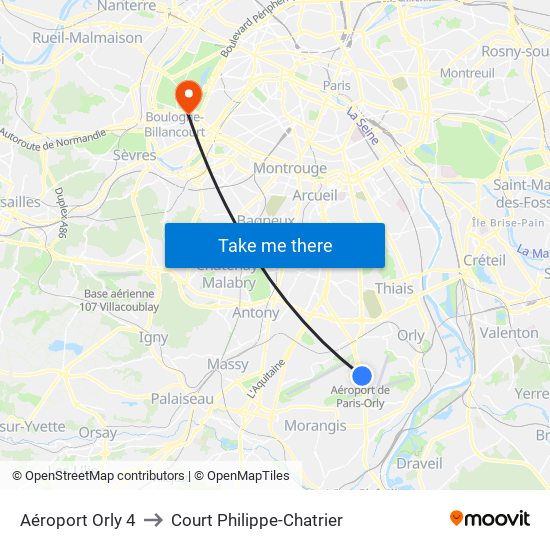 Aéroport Orly 4 to Court Philippe-Chatrier map