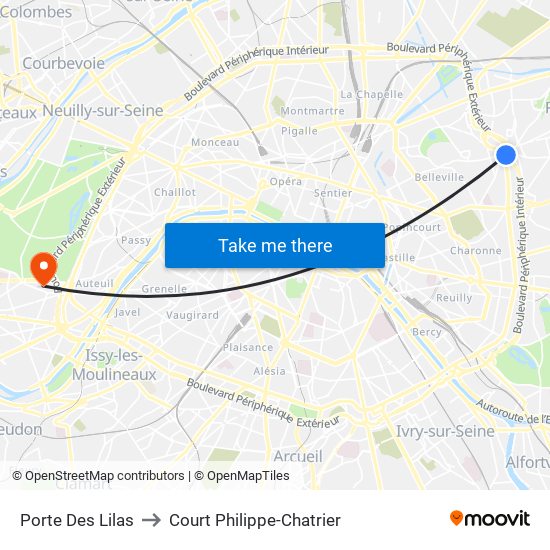 Porte Des Lilas to Court Philippe-Chatrier map