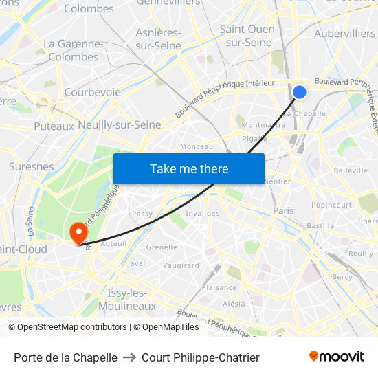 Porte de la Chapelle to Court Philippe-Chatrier map