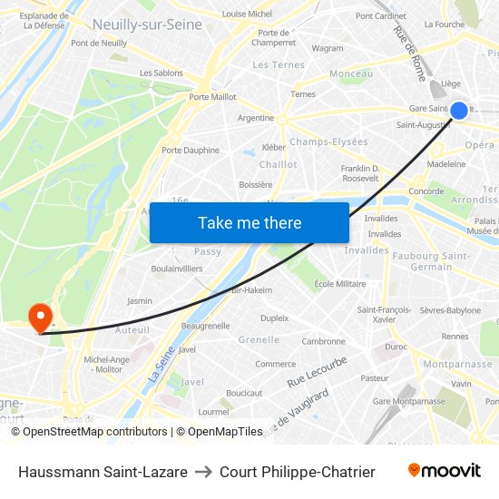 Haussmann Saint-Lazare to Court Philippe-Chatrier map