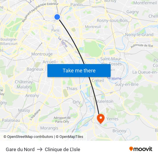 Gare du Nord to Clinique de L'Isle map