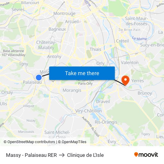 Massy - Palaiseau RER to Clinique de L'Isle map
