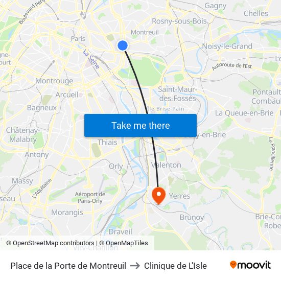 Place de la Porte de Montreuil to Clinique de L'Isle map