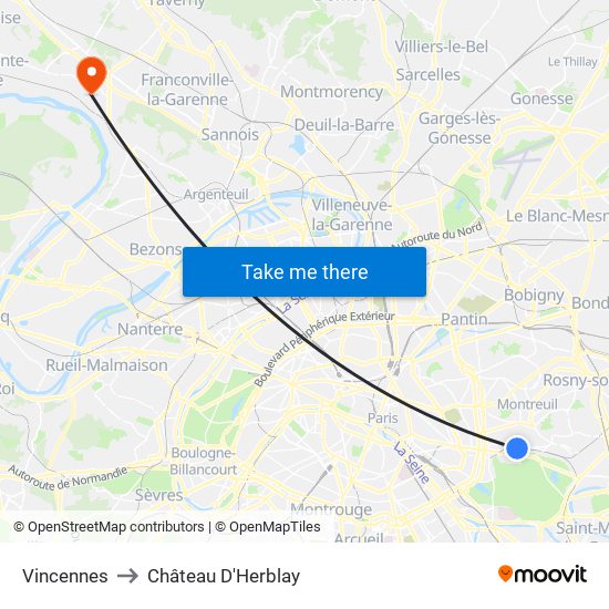 Vincennes to Château D'Herblay map