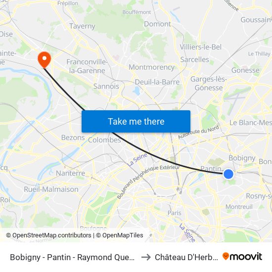 Bobigny - Pantin - Raymond Queneau to Château D'Herblay map