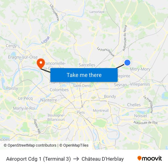 Aéroport Cdg 1 (Terminal 3) to Château D'Herblay map