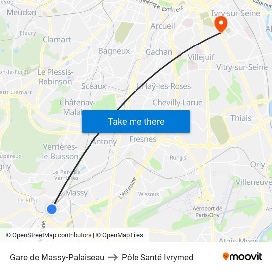Gare de Massy-Palaiseau to Pôle Santé Ivrymed map