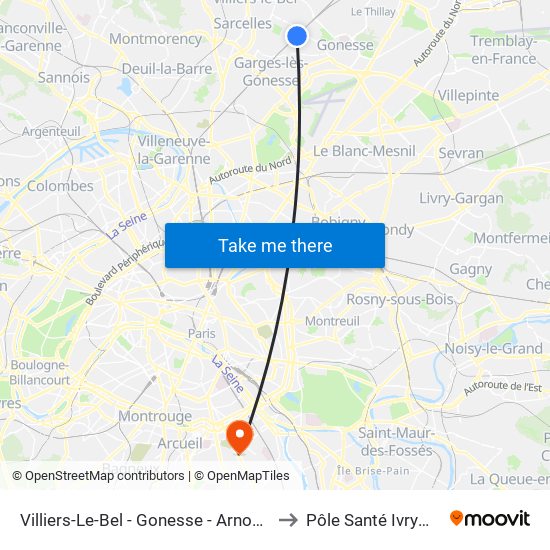 Villiers-Le-Bel - Gonesse - Arnouville to Pôle Santé Ivrymed map