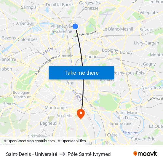 Saint-Denis - Université to Pôle Santé Ivrymed map