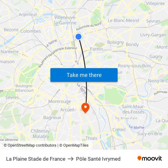 La Plaine Stade de France to Pôle Santé Ivrymed map