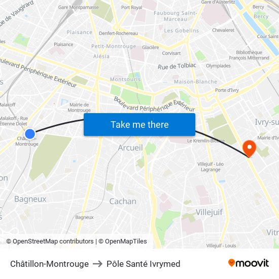 Châtillon-Montrouge to Pôle Santé Ivrymed map