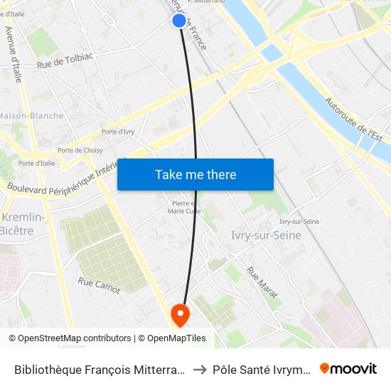 Bibliothèque François Mitterrand to Pôle Santé Ivrymed map