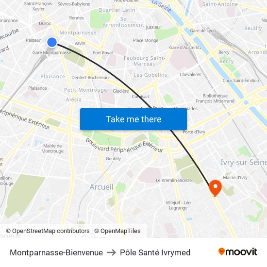 Montparnasse-Bienvenue to Pôle Santé Ivrymed map