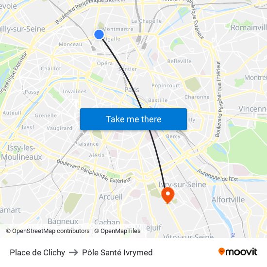 Place de Clichy to Pôle Santé Ivrymed map