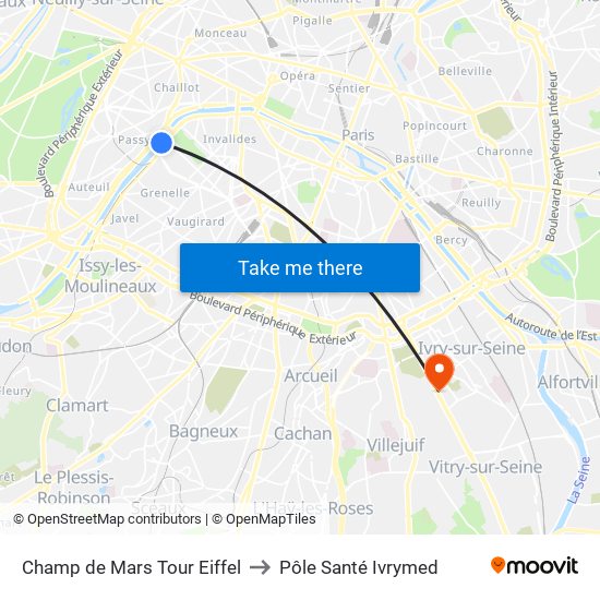 Champ de Mars Tour Eiffel to Pôle Santé Ivrymed map