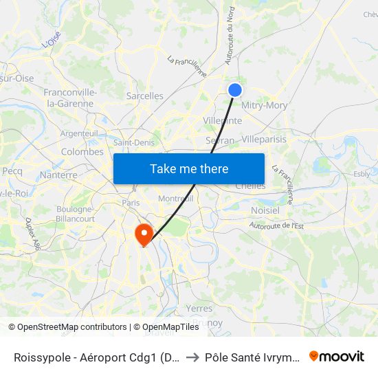 Roissypole - Aéroport Cdg1 (D3) to Pôle Santé Ivrymed map