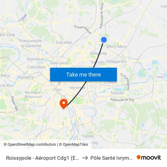 Roissypole - Aéroport Cdg1 (E2) to Pôle Santé Ivrymed map