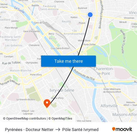 Pyrénées - Docteur Netter to Pôle Santé Ivrymed map