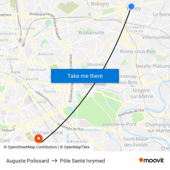 Auguste Polissard to Pôle Santé Ivrymed map