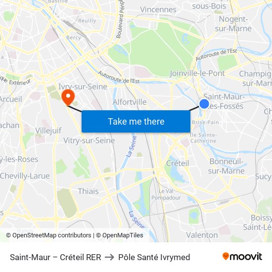 Saint-Maur – Créteil RER to Pôle Santé Ivrymed map