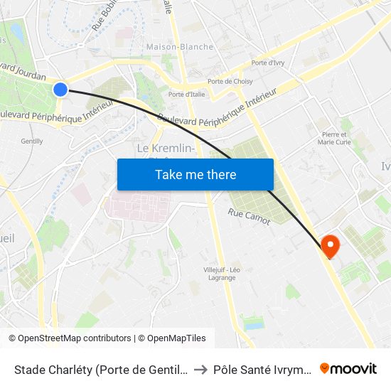 Stade Charléty (Porte de Gentilly) to Pôle Santé Ivrymed map