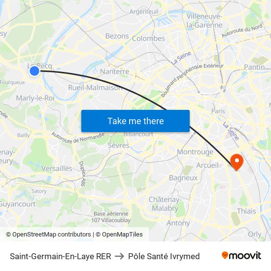 Saint-Germain-En-Laye RER to Pôle Santé Ivrymed map
