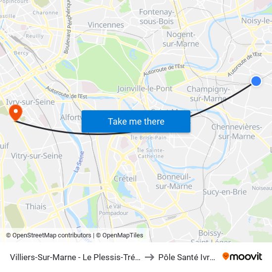 Villiers-Sur-Marne - Le Plessis-Trévise RER to Pôle Santé Ivrymed map