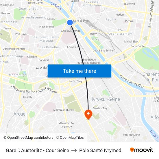 Gare D'Austerlitz - Cour Seine to Pôle Santé Ivrymed map