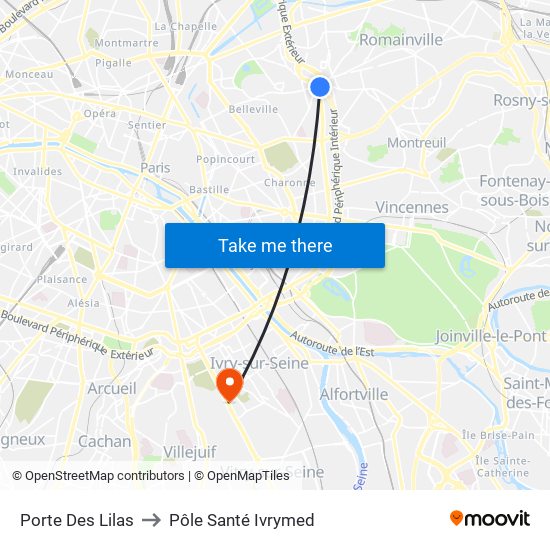 Porte Des Lilas to Pôle Santé Ivrymed map