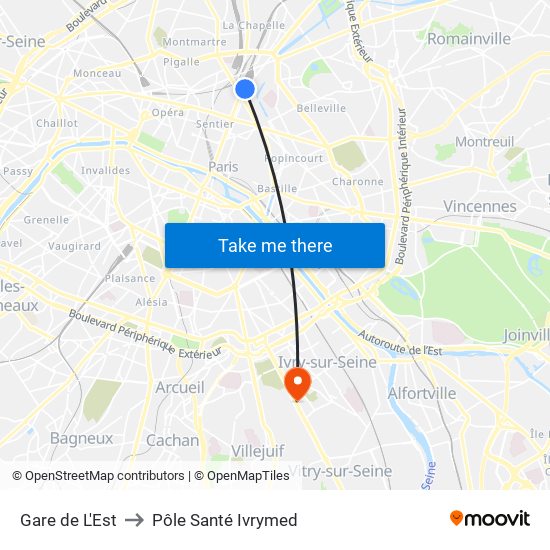 Gare de L'Est to Pôle Santé Ivrymed map