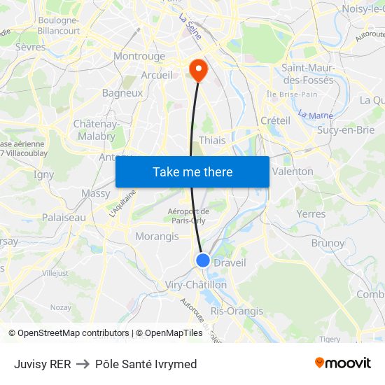 Juvisy RER to Pôle Santé Ivrymed map