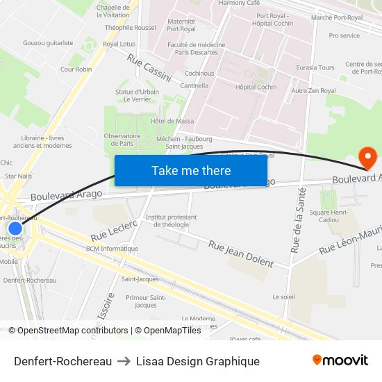 Denfert-Rochereau to Lisaa Design Graphique map