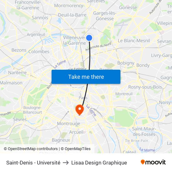 Saint-Denis - Université to Lisaa Design Graphique map
