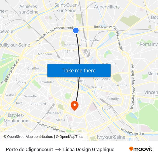 Porte de Clignancourt to Lisaa Design Graphique map