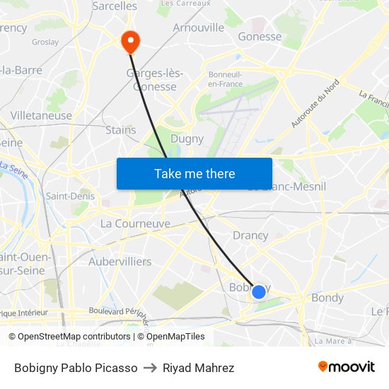 Bobigny Pablo Picasso to Riyad Mahrez map