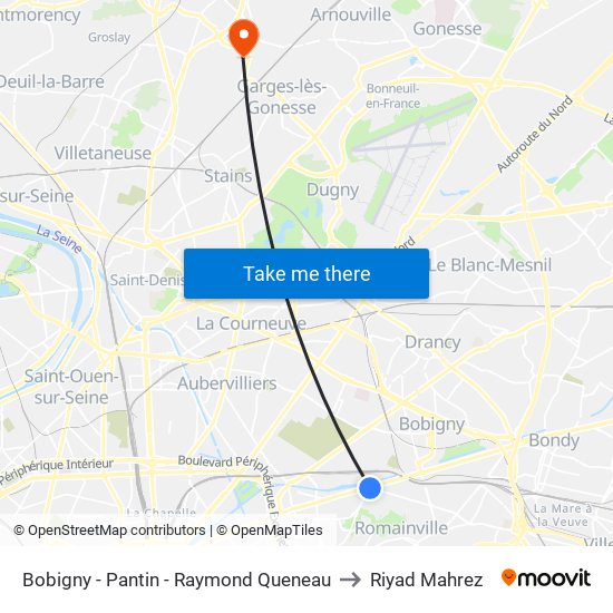 Bobigny - Pantin - Raymond Queneau to Riyad Mahrez map