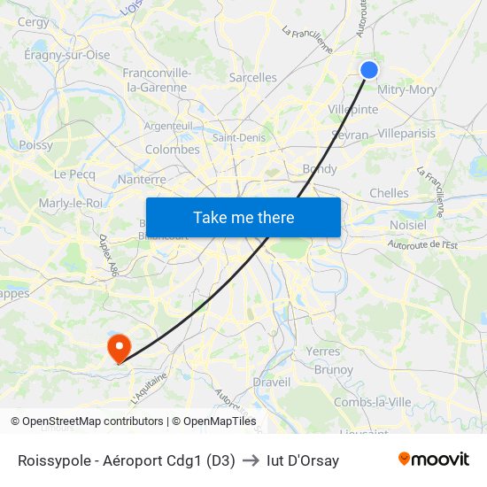 Roissypole - Aéroport Cdg1 (D3) to Iut D'Orsay map