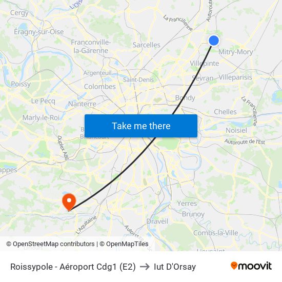 Roissypole - Aéroport Cdg1 (E2) to Iut D'Orsay map