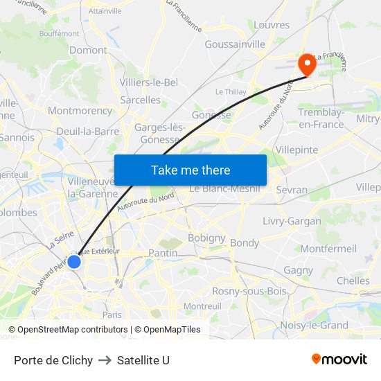 Porte de Clichy to Satellite U map