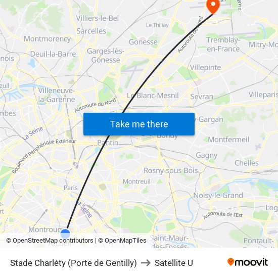 Stade Charléty (Porte de Gentilly) to Satellite U map