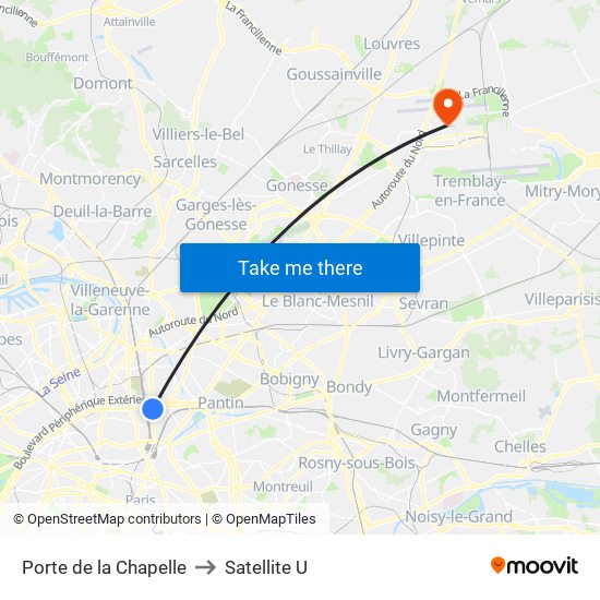 Porte de la Chapelle to Satellite U map