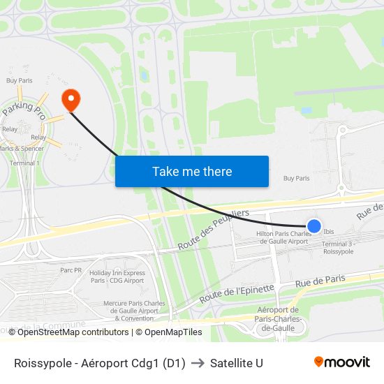 Roissypole - Aéroport Cdg1 (D1) to Satellite U map