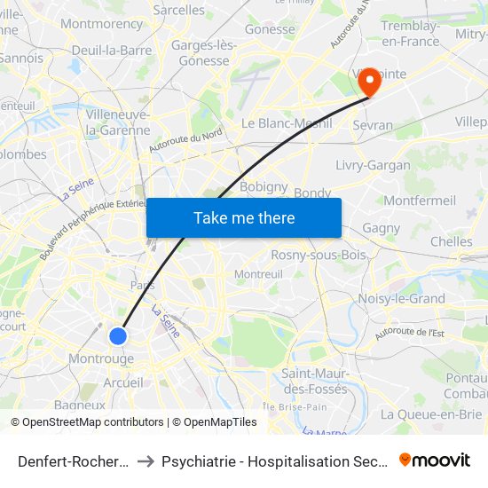 Denfert-Rochereau to Psychiatrie - Hospitalisation Secteur C map