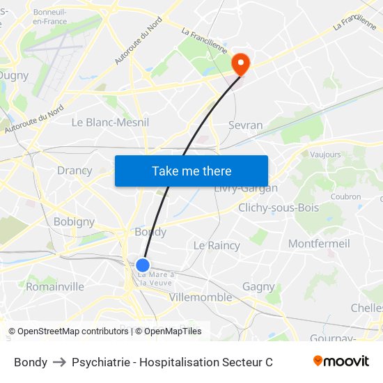 Bondy to Psychiatrie - Hospitalisation Secteur C map