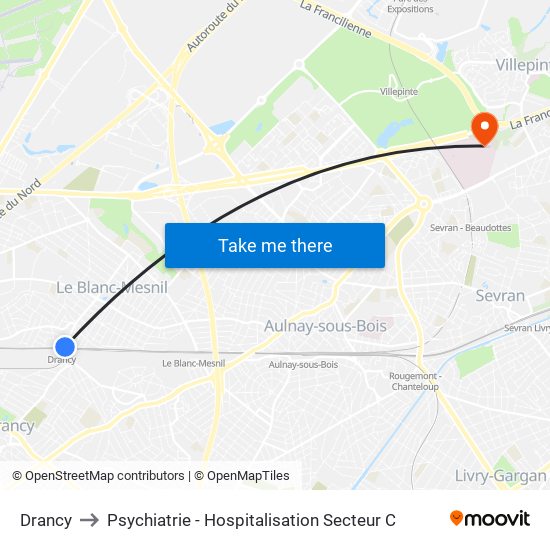 Drancy to Psychiatrie - Hospitalisation Secteur C map